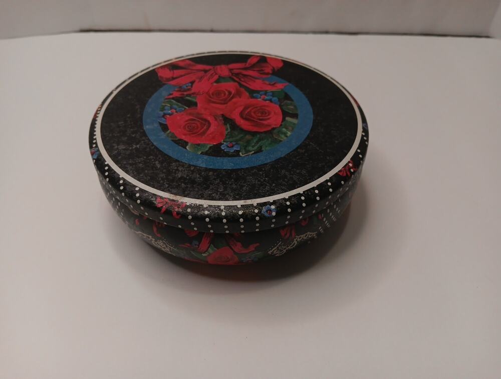 Vintage Tin Nobel Hall Round Black Red Bow & Roses White Polka Dots Lace 5.25"